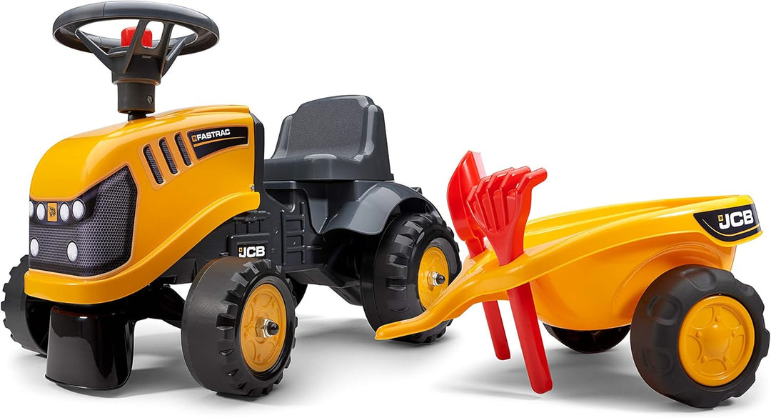 Falk – Baustellenwagen JCB mit Anhänger – ab 12 Monaten Schaufel und Rechen inklusive – 2 Styles zur