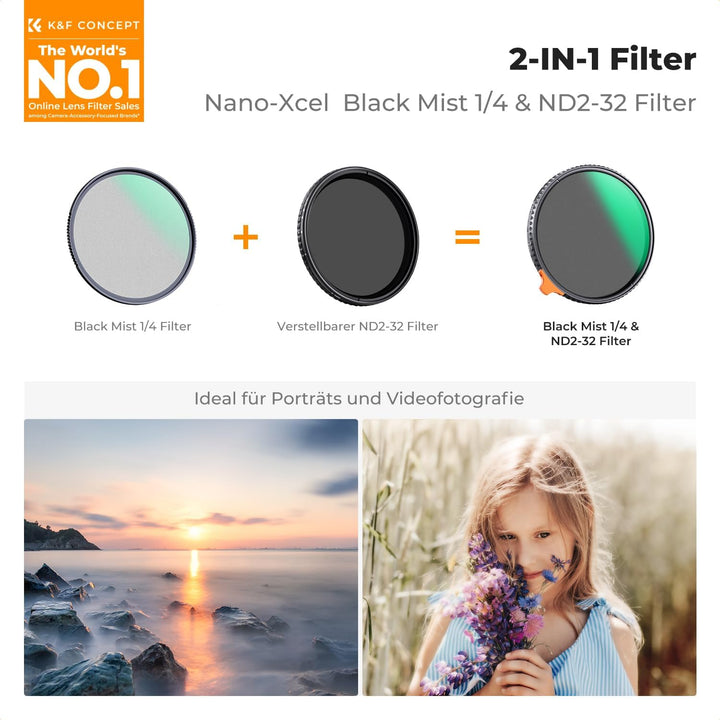 K&F Concept Filter 58mm Black-Mist 1/4&ND2-ND32 2 in 1 multifunktionaler Filter-Black Promist 1/4 Fi