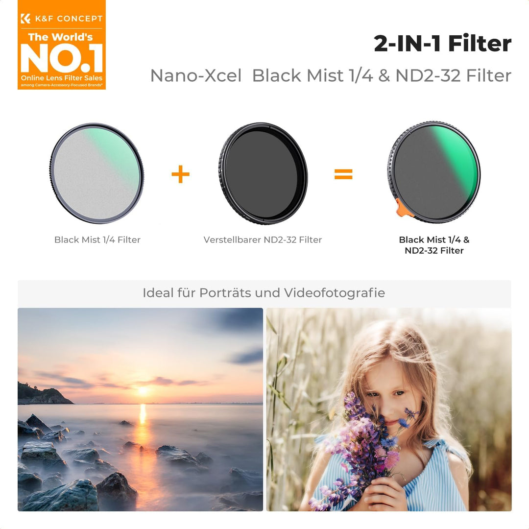 K&F Concept Filter 49mm Black-Mist 1/4&ND2-ND32 2 in 1 multifunktionaler Filter-Black Promist 1/4 Fi