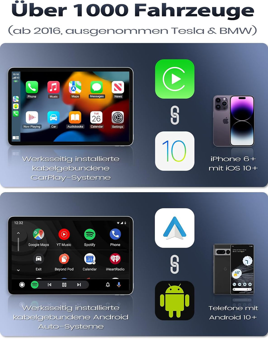 Mini Wireless CarPlay Adapter &amp; Android Auto Adapter, USB-A/C Metall | Für Apple iPhone iOS 10+ &amp; An