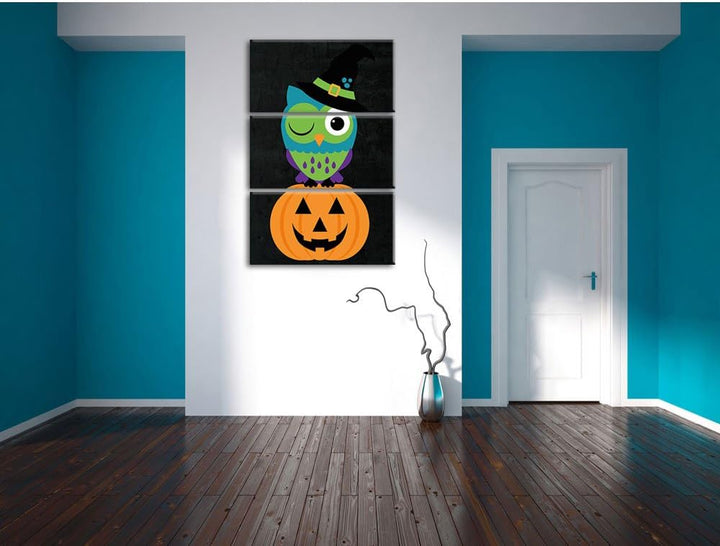 Pixxprint Lustige Hexen Eule als Leinwandbild/Grösse: 3 Teilig (120x80) cm/Wandbild/Kunstdruck/ferti