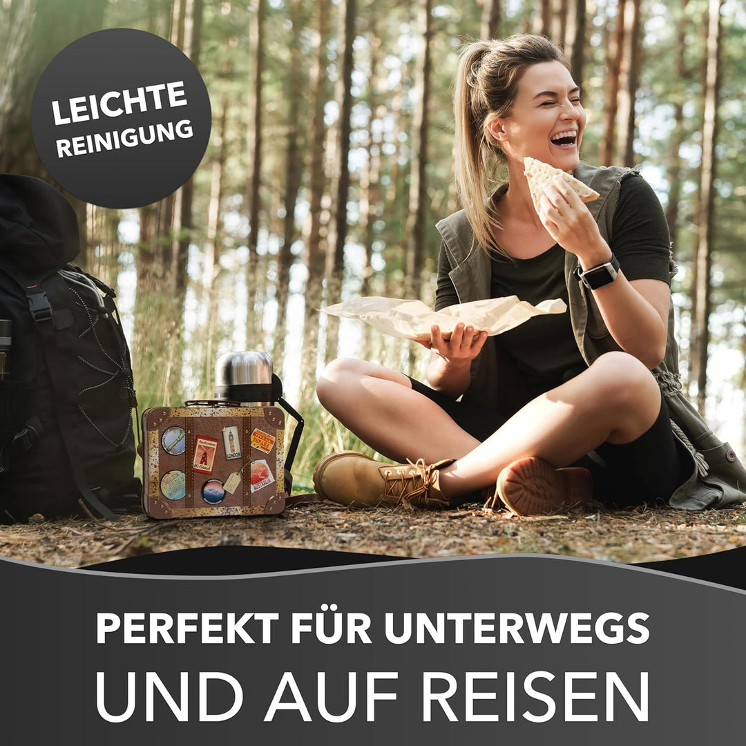Retro Koffer - Keksdose mit bunten Stickern, Griff und Schnappschloss - lebensmittelecht - Vol. 2,0l
