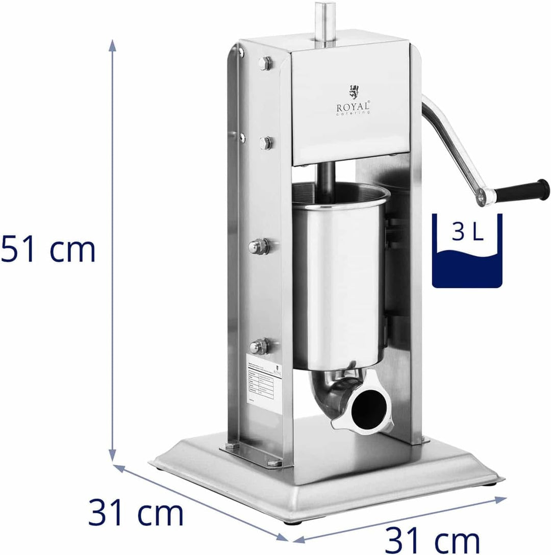Royal Catering RCWV-3L Wurstfüller vertikal Wurstfüllmaschine Wurstspritze Wurstpresse Edelstahl 3 L