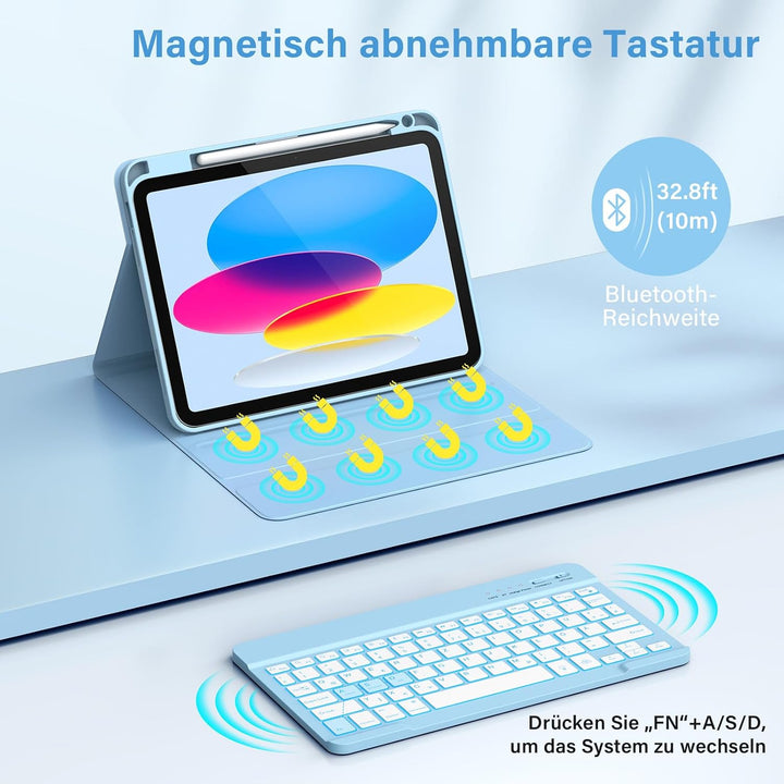 KBCASE Hülle mit Tastatur für iPad A16 11/10 Generation(11 Zoll 2025/10.9 Zoll 2022), 7 Farbige Bele