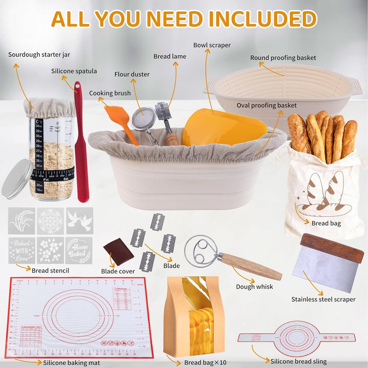 Gärkörbchen Sauerteig Starter Set – 23cm Rund &amp; 25cm Oval Brot Gärkorb Set mit Starterglas, Komplett