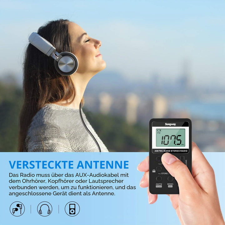 Songway AM/FM-Taschenradio Stereo mit Kopfhörer-LCD-Display USB Wiederaufladbar Hervorragender DSP-E
