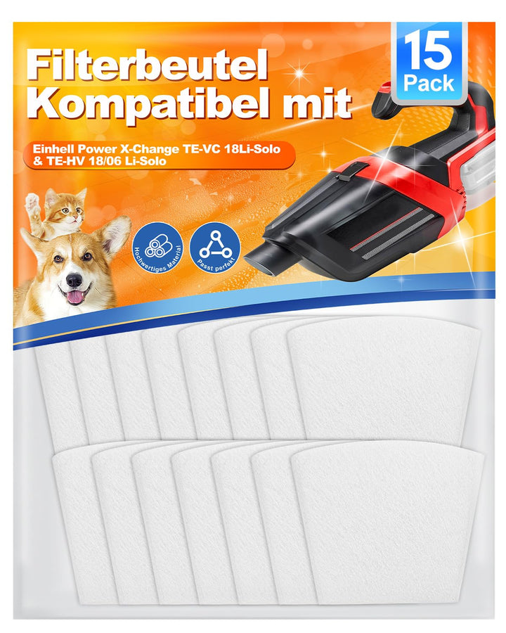 15er Pack Hochwertige Staubsaugerbeutel kompatibel mit Einhell Power X-Change TE-VC 18 Li-Solo & TE-