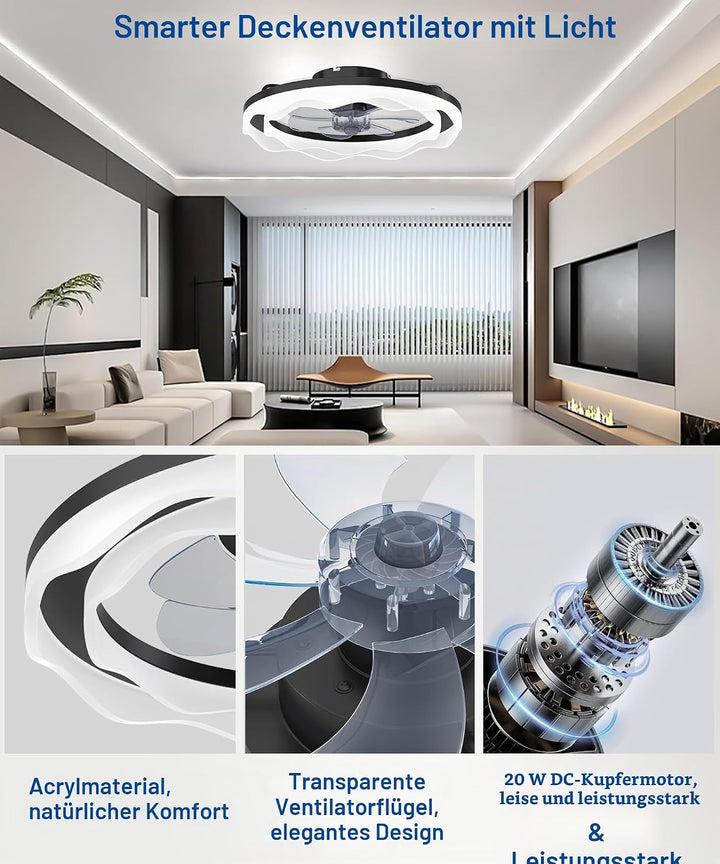 JAYNLT Deckenventilator mit Beleuchtung, Ø50CM Schwarzer Dimmbarer LED Deckenleuchte mit Ventilator