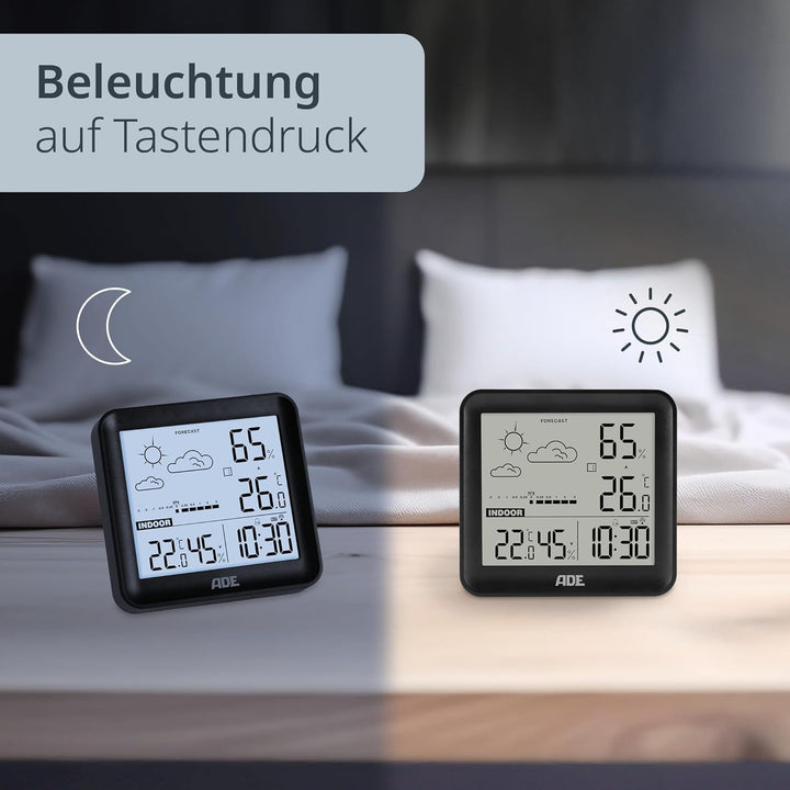 ADE Kleine digitale Wetterstation funk mit Aussensensor und Wettervorhersage | Innen- und Aussentemp