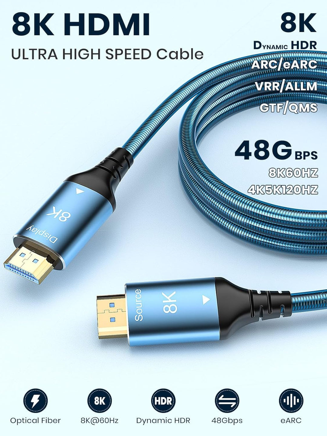 8K HDMI Glasfaserkabel 80m, Stahlpanzerung Optisch HDMI 2.1 Kabel Ultra High Speed, 8K UHD, Druckfes