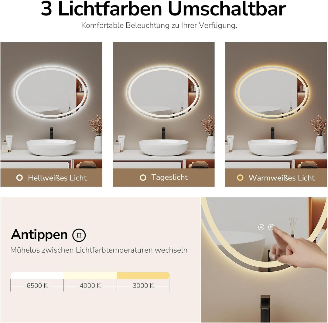 EMKE Badspiegel mit Beleuchtung 60x80cm Led Spiegel Oval mit 3 Lichtfarbe dimmbar, Antibeschlag, Spe