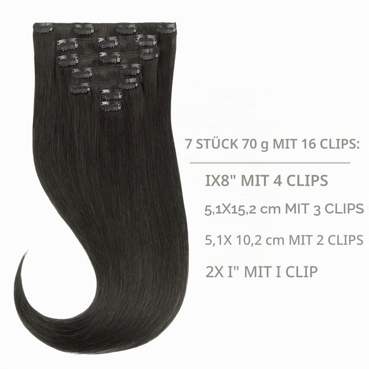 WENNALIFE Clip in Extensions Echthaar, 70g 7pcs 45cm Natürliches Schwarz Echthaar Extensions Clip in