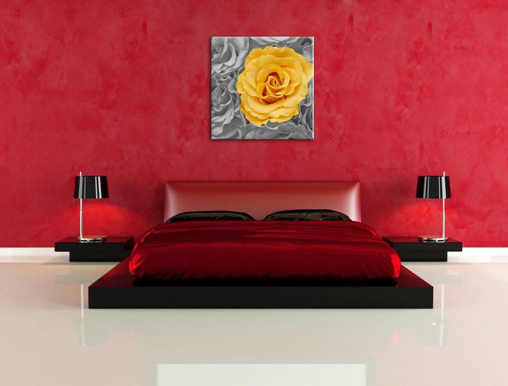 Pixxprint gelbe Rose im Rosenmeer als Leinwandbild/Grösse: 70x70 cm/Wandbild/Kunstdruck/fertig bespa