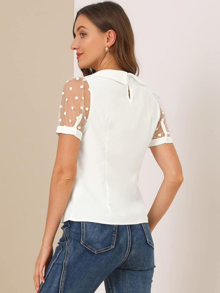 Allegra K Damen Puffärmel Vintage Bubikragen Oberteil Mesh Polka Punkte Top Bluse M Reisweiss, M Rei
