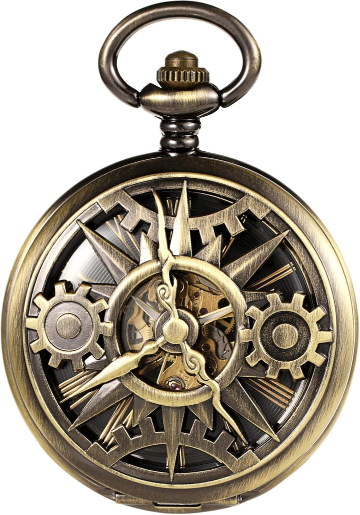 TREEWETO Unisex Taschenuhr mit Kette Analog Handaufzug Doppelscharnier Mechanisch Getriebe Skelett F