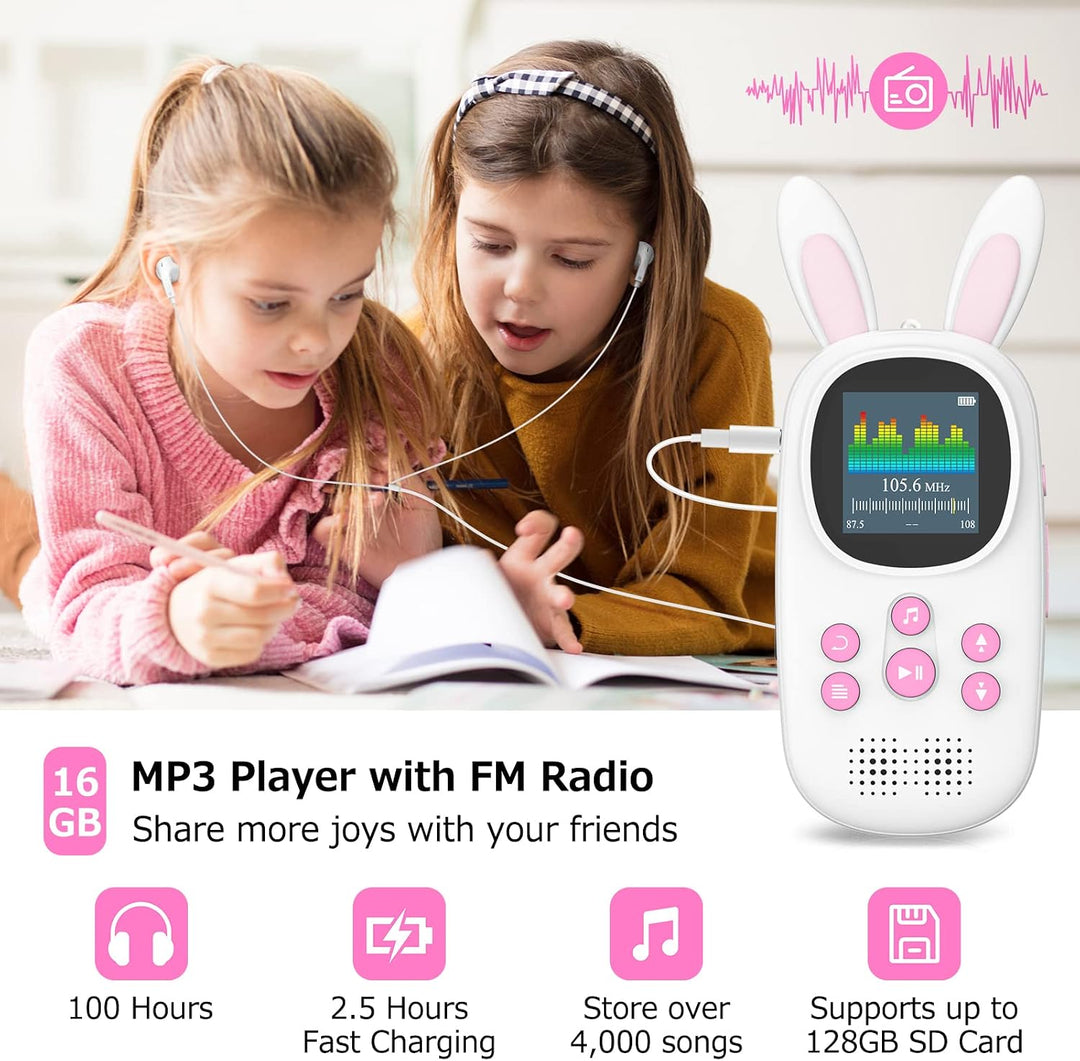 16GB Bluetooth MP3 Player , Niedlicher Hase Kinder Musik Player mit Kopfhörer &amp; Lautsprecher, mit FM
