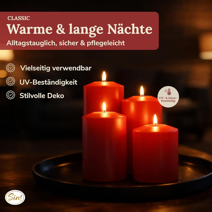 Sin!® 1x Teelichthalter & Dauerkerze Classic ROT ∅ 8cm Höhe 15cm Seidenglanz - Die Kerze die Nicht s