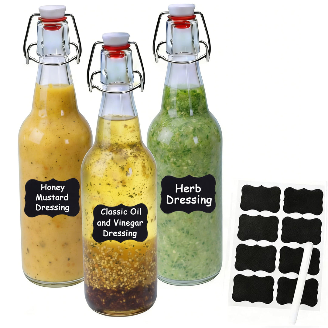 Salatdressing Shaker aus Glas 450 ml 3er Set, Dressingshaker mit Edelstahl Bügelverschluss Tropffrei