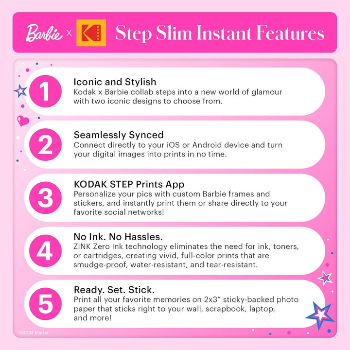 Kodak Barbie x Step Slim Wireless Sofort tragbarer Fotodrucker – Vollfarbige Drucke in Zink 2x3” Auf