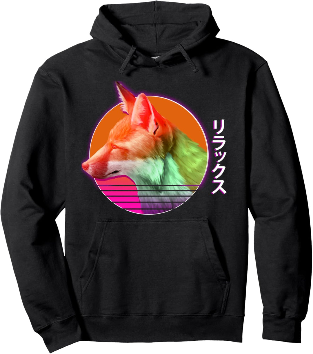 Wolf Retro Sunset Japanese Otaku Aesthetic Vaporwave Art Pullover Hoodie
