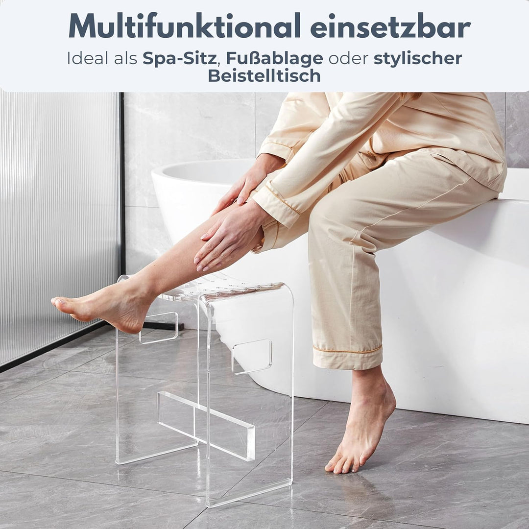 StarK Duschhocker aus klarem Acryl - 43 cm hoch - U-Form mit Ablauf-Schlitzen - rutschfest & rostfre