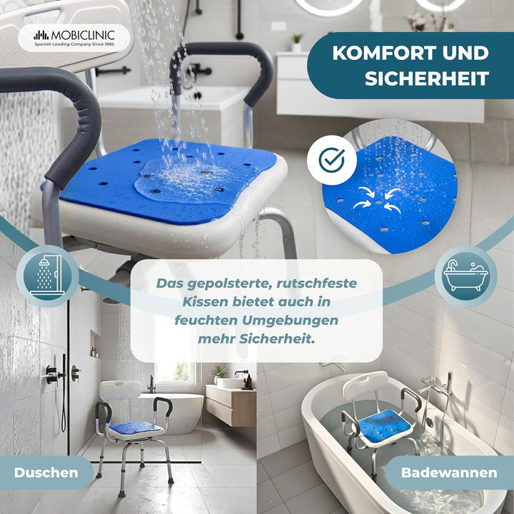 Mobiclinic®, 360° Drehbarer Duschstuhl, Armlehnen und Rückenlehne, Höhenverstellbar, Sitzfläche mit