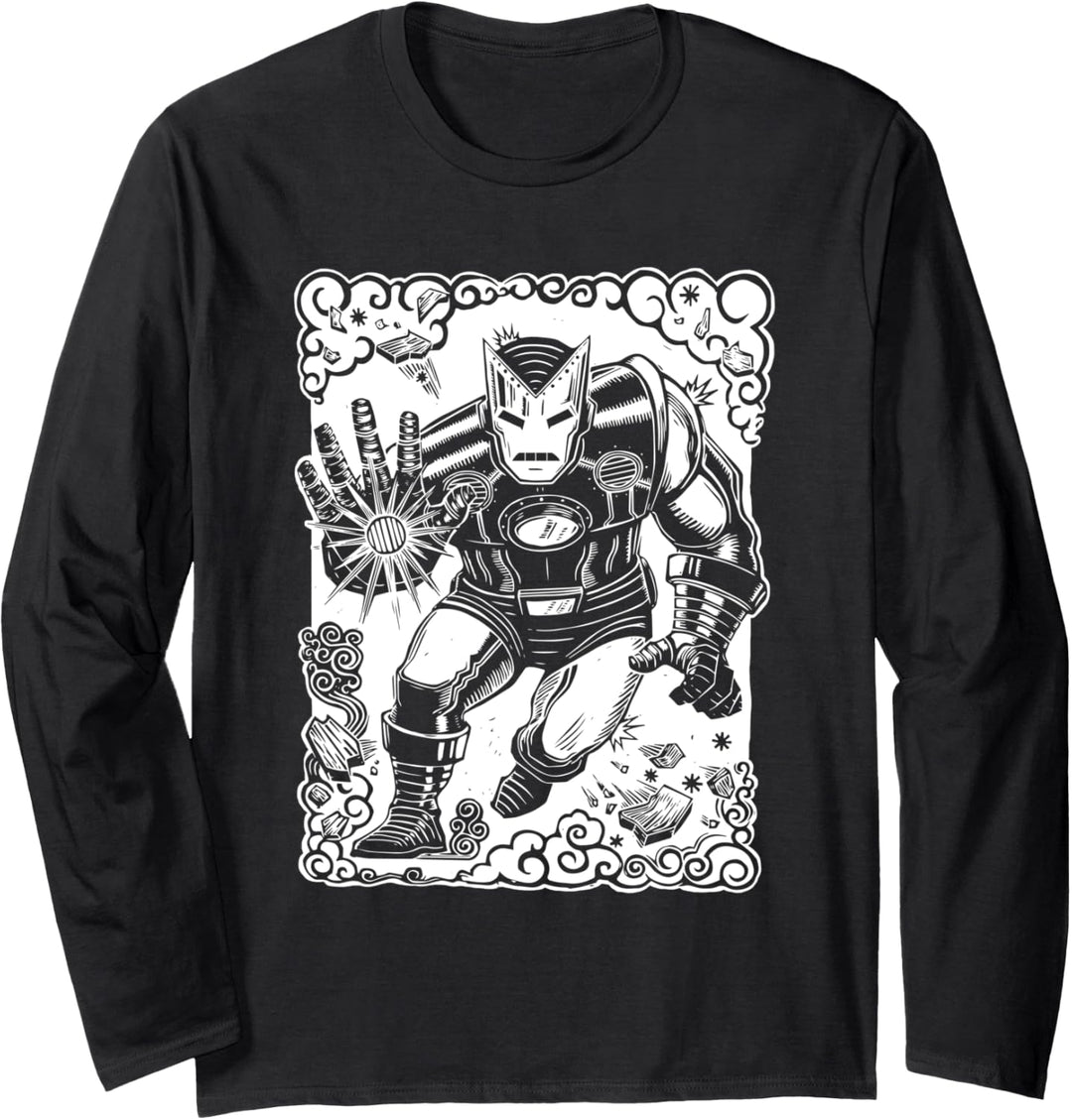 Marvel Iron Man Blast Linocut Black Langarmshirt