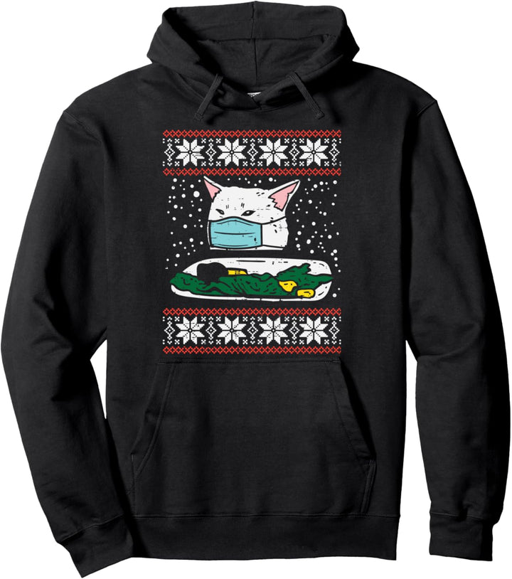 Confused Cat Face Mask Meme Ugly Christmas Quarantine Gift Pullover Hoodie