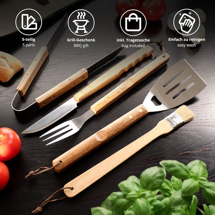 Grillbesteck Set (5-teilig): Grillset mit Grillzange, Fleischgabel, Grillmesser, Pinsel und Grillwen