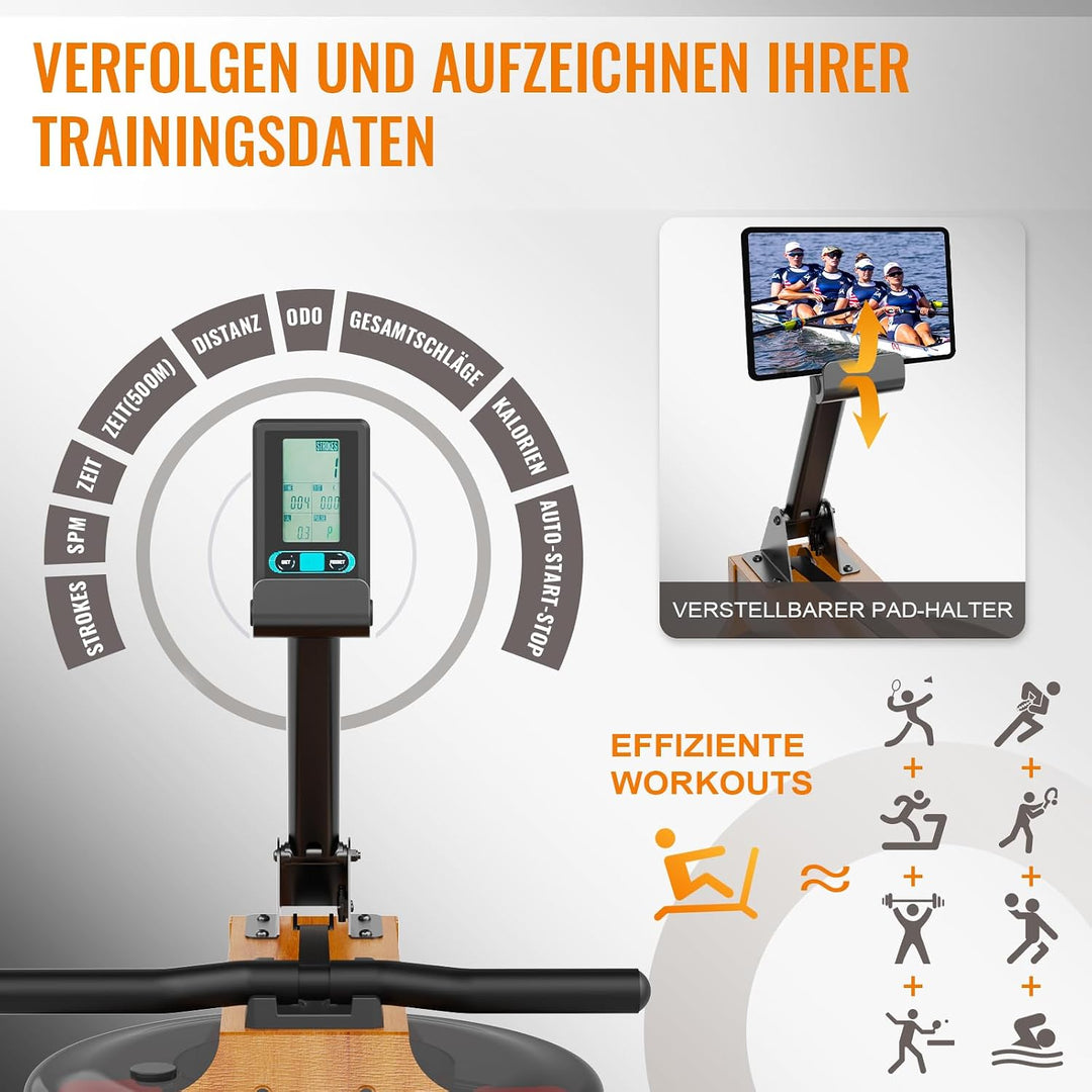 Wasser-Rudergerät für Zuhause, klappbar – leise | Bluetooth-App, LCD &amp; Tablet-Halter, gelenkschonend