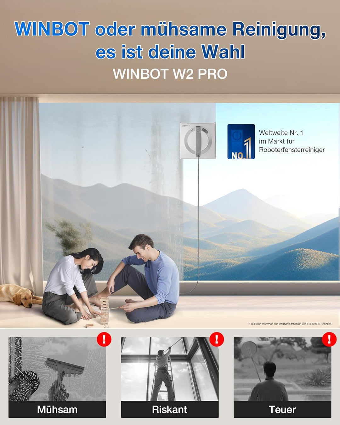 ECOVACS WINBOT W2 PRO Fensterputzroboter, 3-Düsen-Wassersprüher, 10-Stufen-Schutzsystem, Win-SLAM 4.