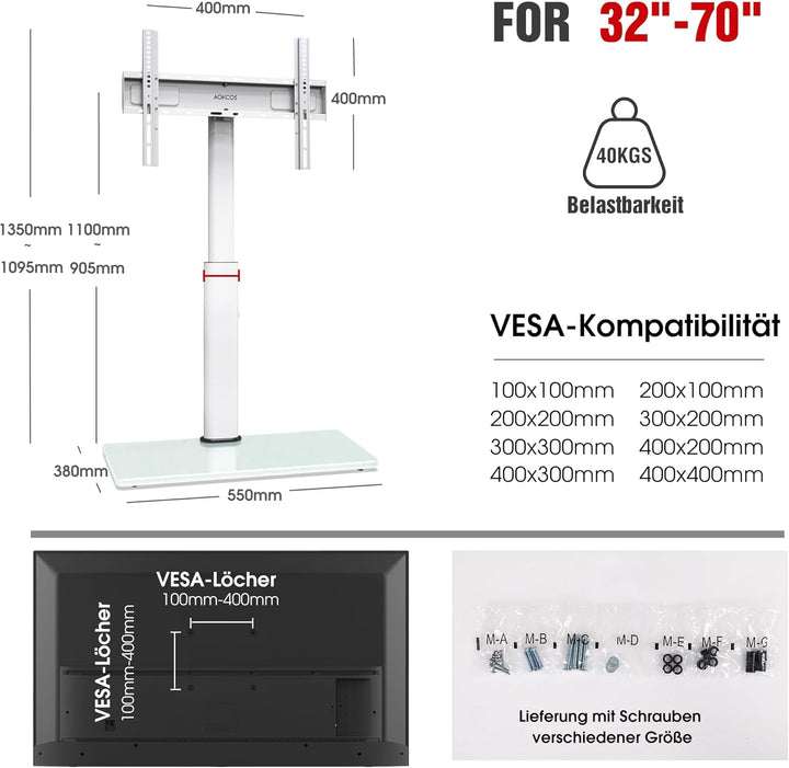 AOKCOS TV Ständer Bodenständer Höhe 1350mm für 32-55 65 70 Zoll Fernseher, Neigbar & Schwenkbar & Hö