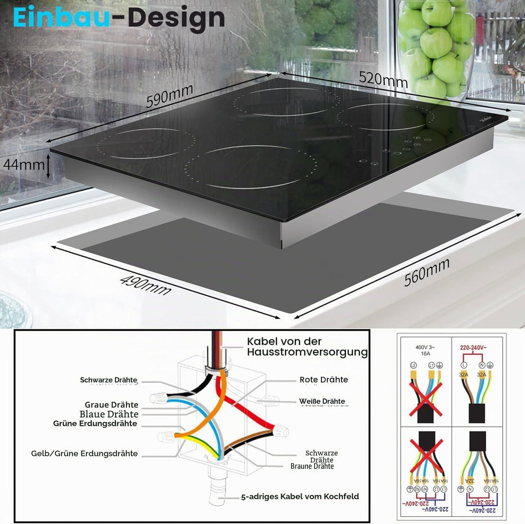 Glaskeramikkochfeld 4 Zonen Kochfelder Sensor-touch Control Kochfeld Autark 60cm, 6000W, 9 Leistungs