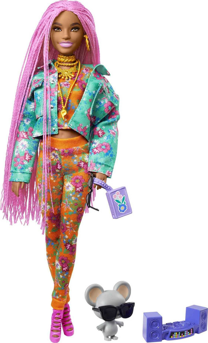 Barbie GXF09 - Extra Puppe, Pinke Flechtzöpfe, in Floral bedruckter Jacke &amp; Hose, DJ Haustier-Maus,