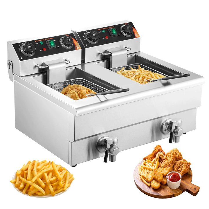 3 KW elektrische Tischfritteuse mit Doppeltank 2×11 L aus Edelstahl, Temperatur- &amp; Zeitregulierung f