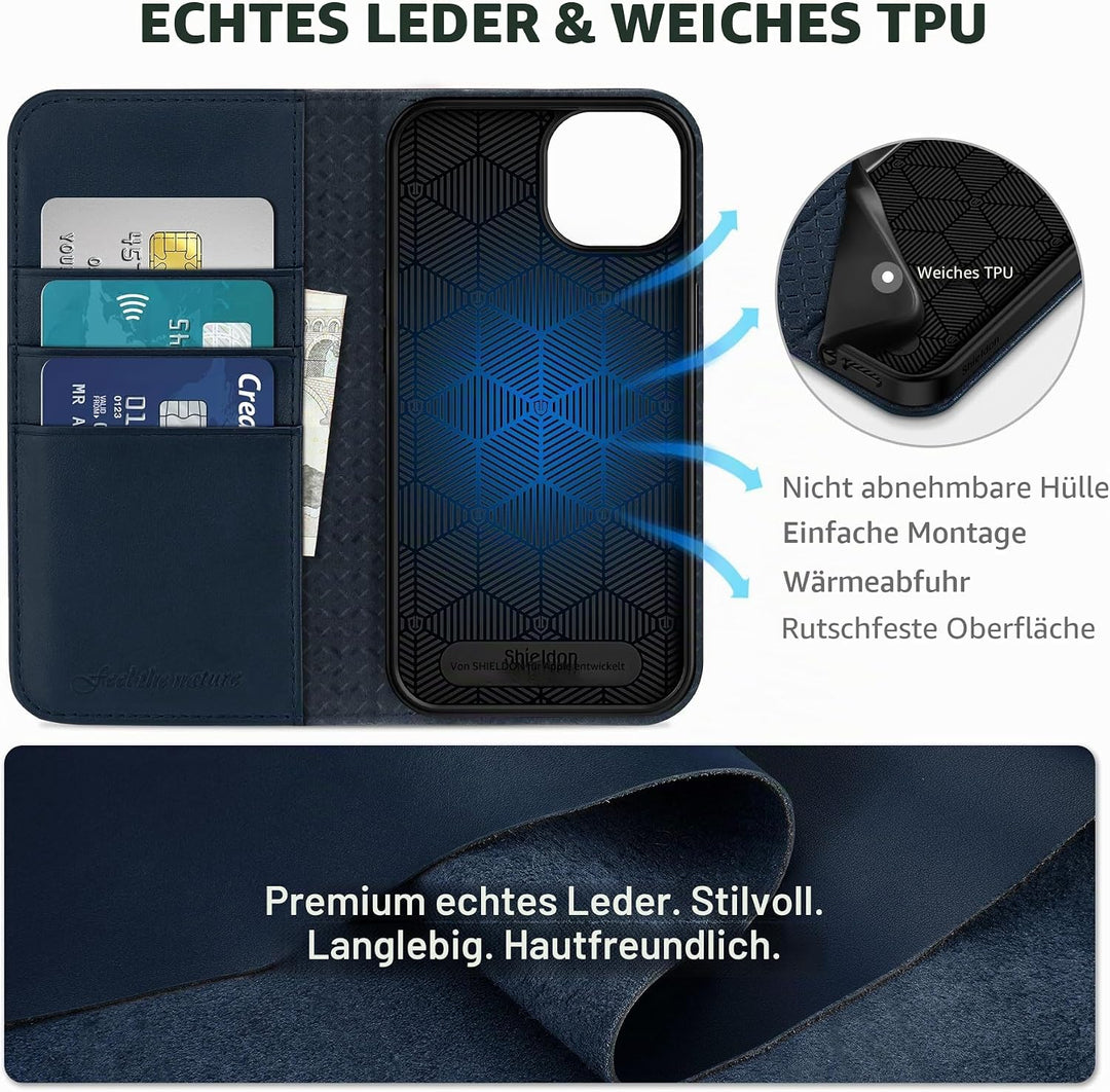 SHIELDON Hülle für iPhone 13, Handyhülle [Rindsleder] [Verdicht TPU] [Kartenfach] [Standfunktion] [M