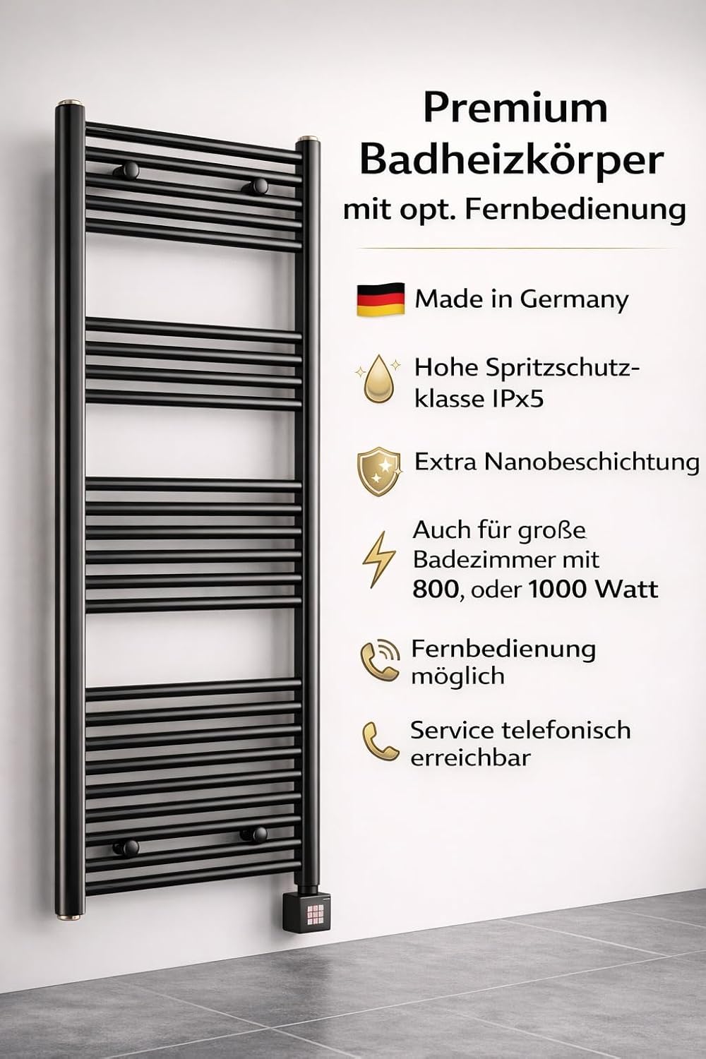 anapont elektrischer Badheizkörper 775hx600b - schwarz - mit Timer-Funktion - Handtuchheizkörper - B