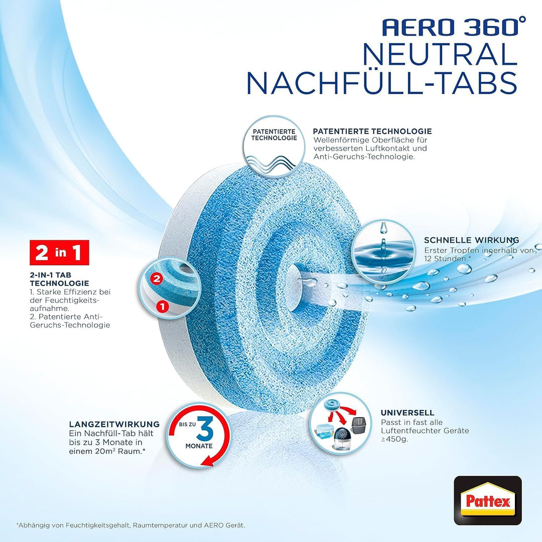 Pattex AERO 360° Neutral Tabs Nachfüllpack, reduzieren Feuchtigkeit und schlechte Gerüche, Nachfüllt