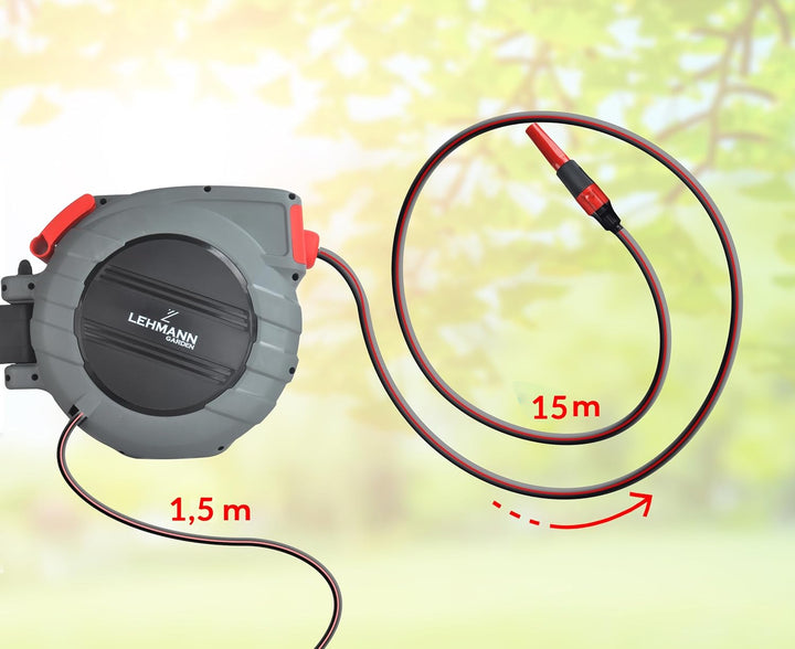 LEHMANN Wand-Schlauchbox 15 m + 1,5 m, Schlauchtrommel für Gartenbewässerung, Automatischer Schlauch