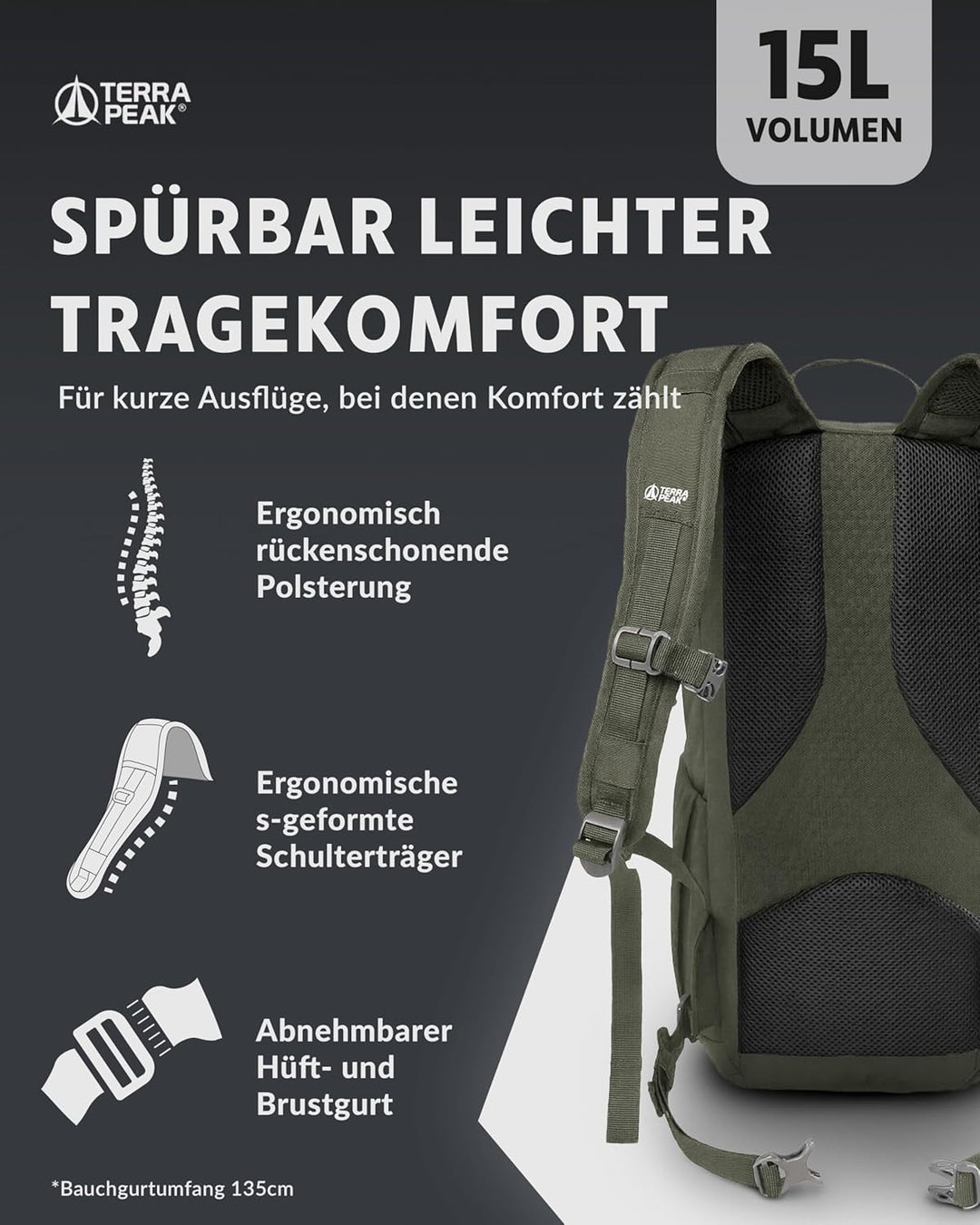 Terra Peak® Premium Wanderrucksack 15L (AREN) für Damen &amp; Herren klein &amp; extra leicht mit Rückenbelü