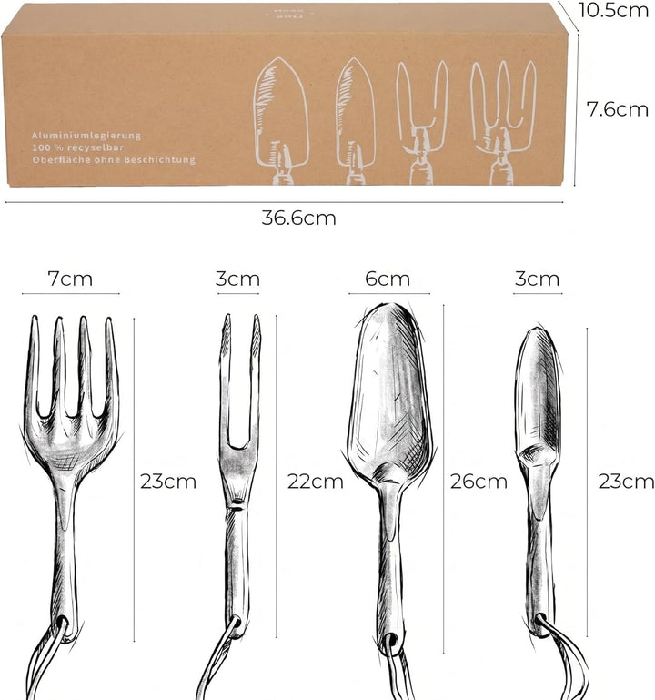 Gartenwerkzeug Set Aluminium, 4-teilig – rostfrei, robust & leichtes Gartengeräte Set & Pflanzwerkze