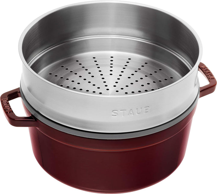 STAUB Gusseisen Bräter/Cocotte, mit Dämpfeinsatz, Rund 26 cm, 5,2 L, Aromaregen Funktion, Für alle H