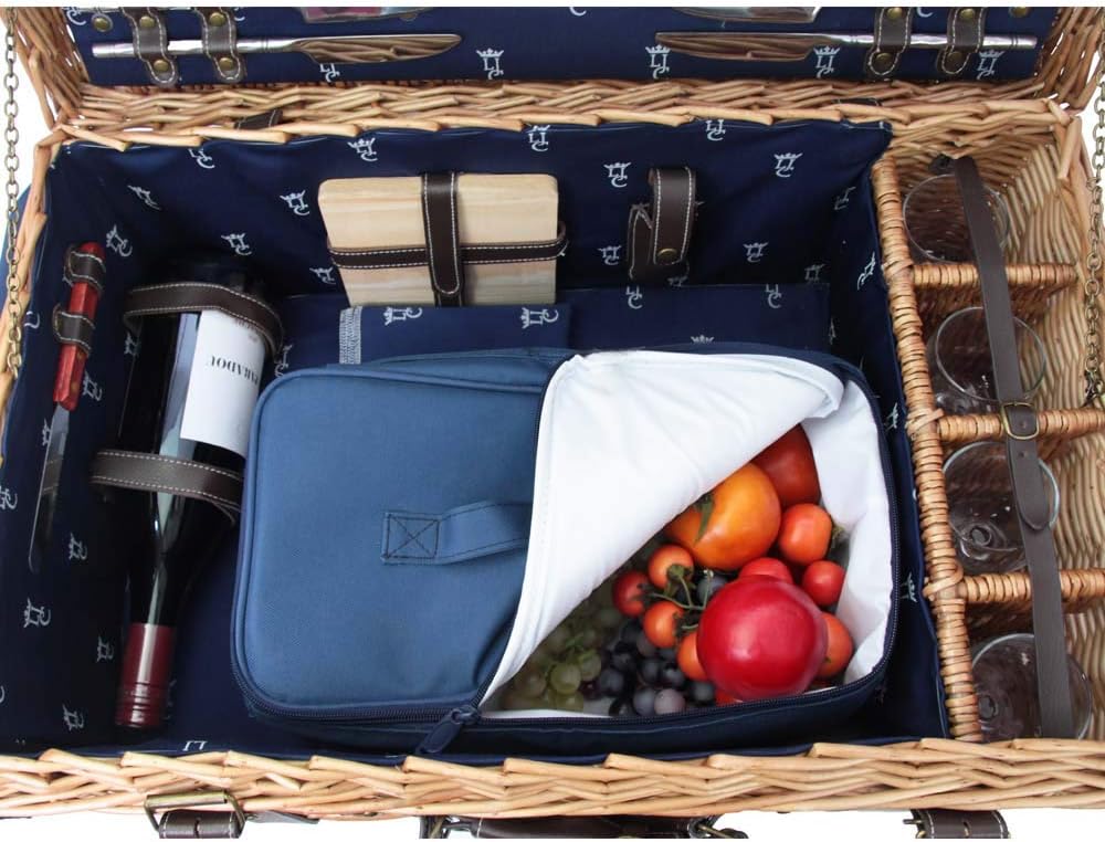 Les Jardins de la Comtesse - Picknick Wicker und Leder Champs-Elysees Blau - Picknickkorb Full / 4 P