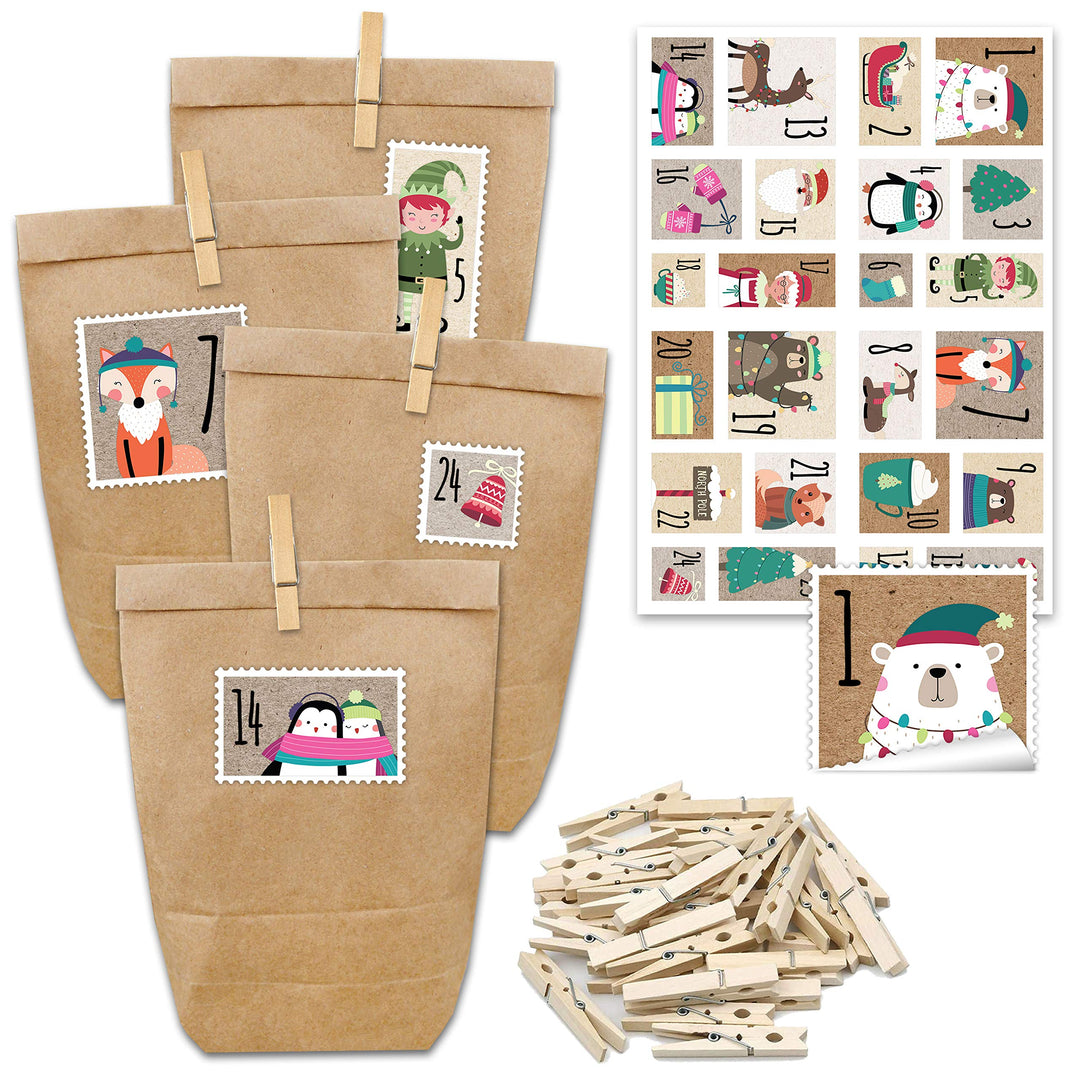 Papierdrachen Adventskalender zum Befüllen - 24 Geschenktüten und 24 Zahlenaufkleber und Klammern -
