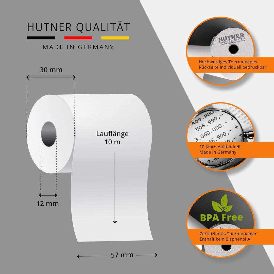 50 Stk. Thermorollen | 57x10x12 mm Ø32mm | Länge: 10 m | BPA frei | für EC Cash Geräte | Thermopapie