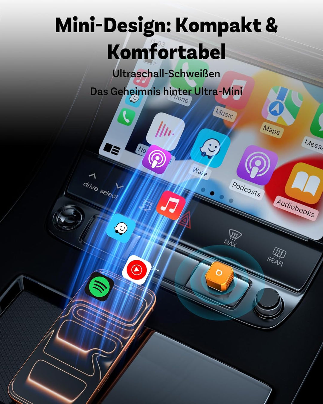 2026 Ottocast Mini Pot Orange, 2-in-1 Wireless CarPlay & Android Auto Adapter, Plug & Play Funk-Dong