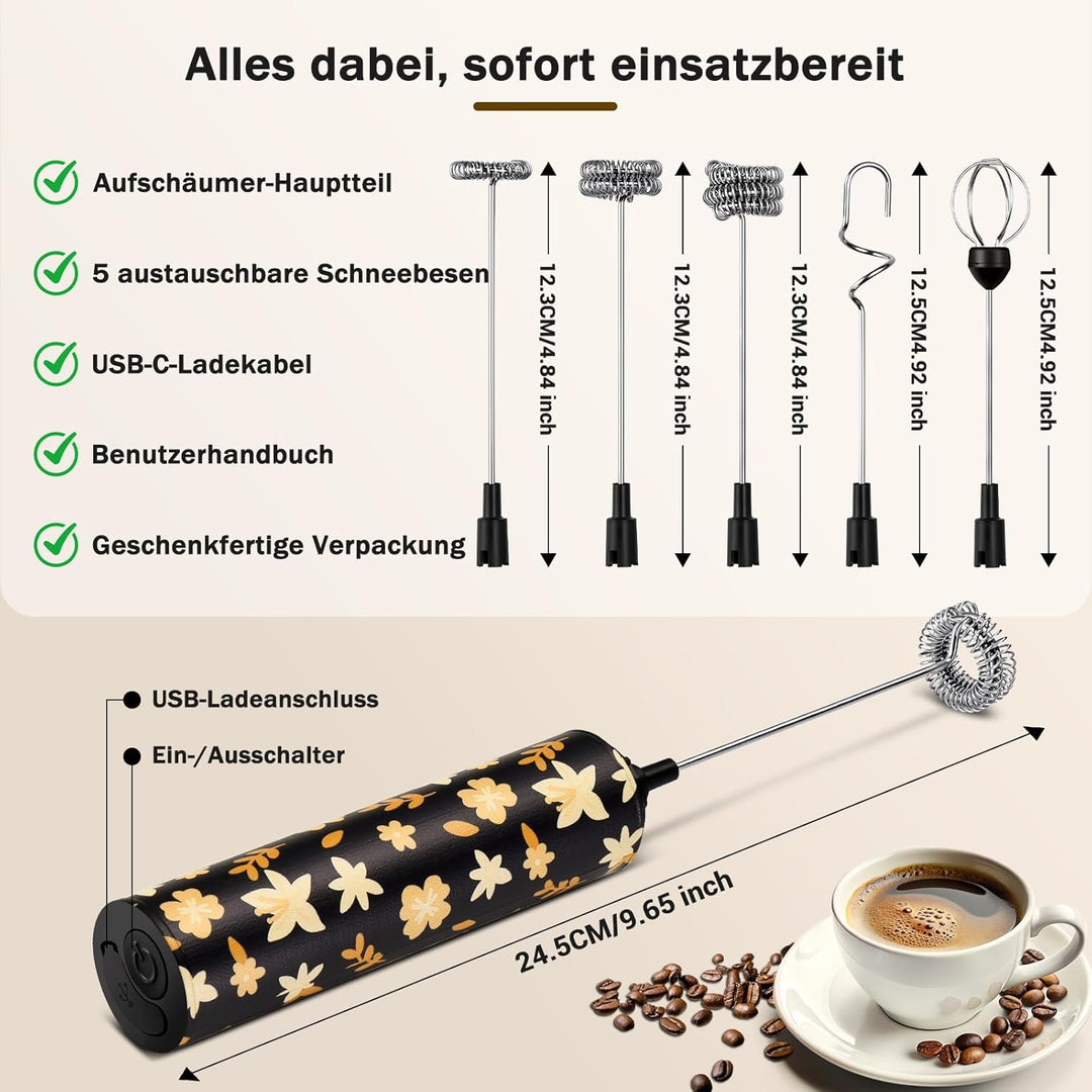Milchschäumer Elektrisch USB-C mit 5 Wechselbaren Edelstahl-Schneebesen–2 Einstellbare Geschwindigke