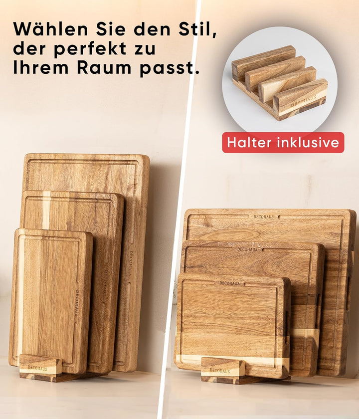 Deco haus Schneidebrett Holz 3er Set aus Robustem Akazie [2cm DICKE] - Schneidebretter mit Saftrille