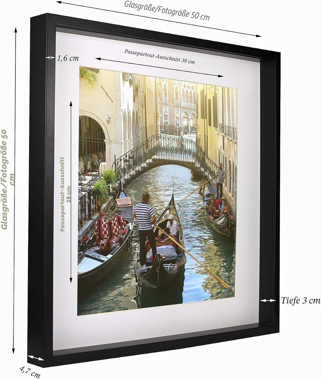 BD ART 50x50 cm gross Box 3D Objektrahmen Bilderrahmen mit Passepartout 40x40 cm, Schwarz Quadratisc