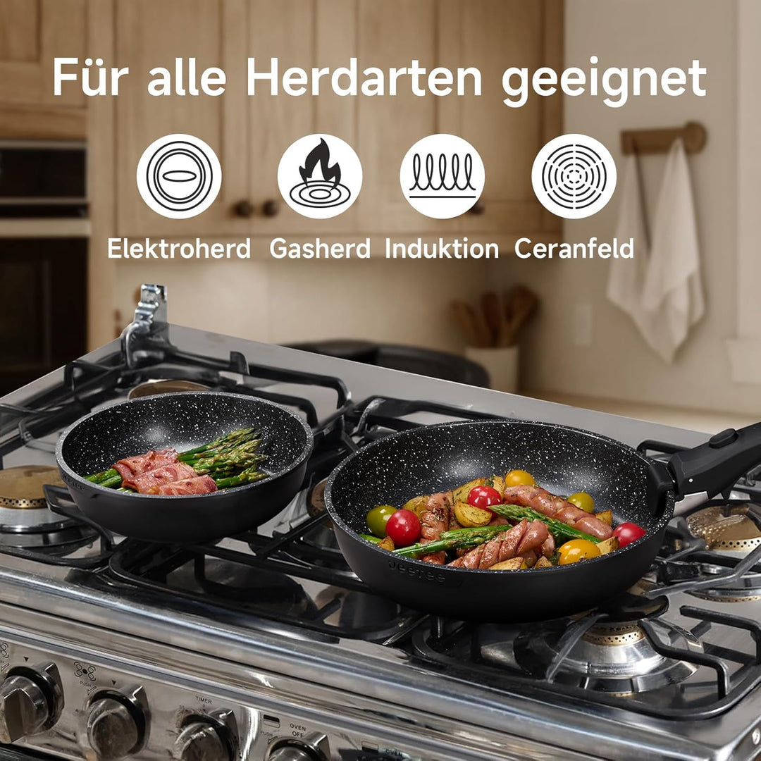JEETEE Topfset Pfannenset mit abnehmbarem Griff 25-Teilig, Pfanne 20/26cm, Kochtopf 18/20cm, Tiefe B